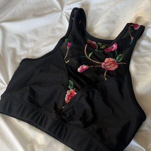 Onzie Black Sports Bra with Floral Embroidery